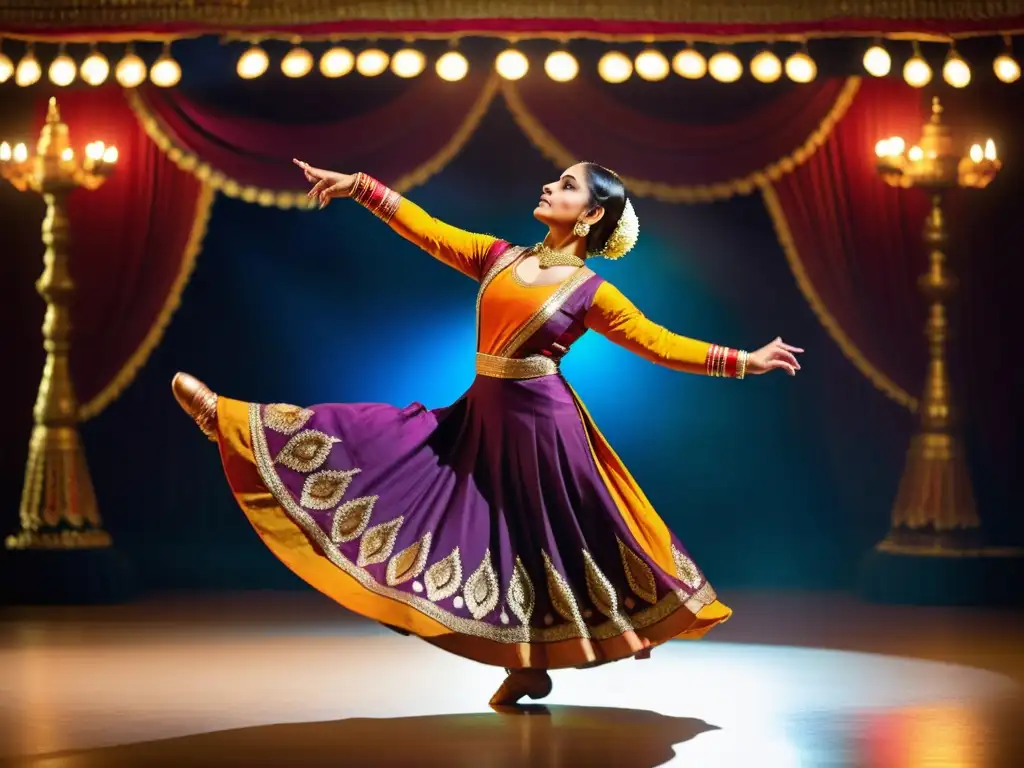 'Fotografía detallada de una bailarina Kathak en pleno rendimiento, con trajes tradicionales de la India y movimientos cautivadores