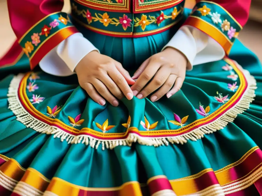 Bordado artesanal de traje de danza tradicional: detalle y colorido Detallada costura a mano de traje de danza tradicional, resaltando la artesanía meticulosa y la rica textura