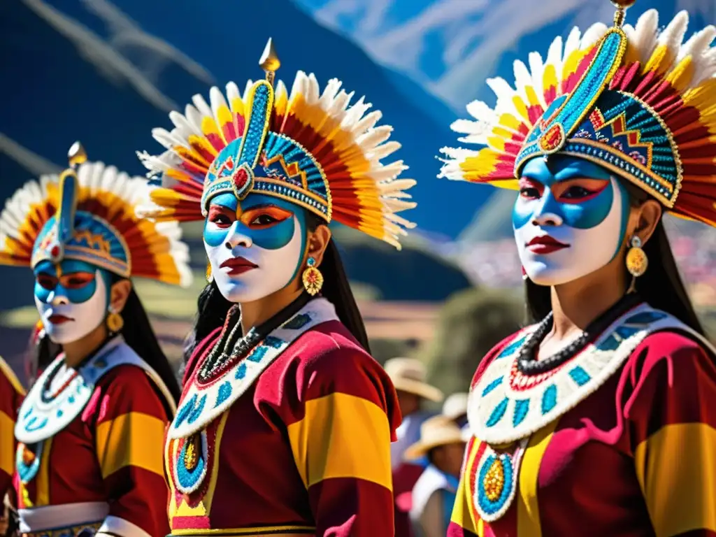 Una fotografía detallada de la danza de Diablada en trajes andinos, resaltando los colores y bordados