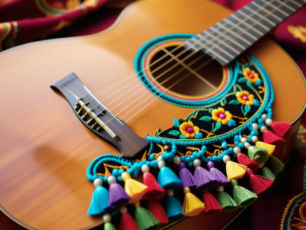 Una fotografía detallada de una guitarra flamenca descansando sobre un chal vibrante, capturando la pasión y el arte de la música flamenca