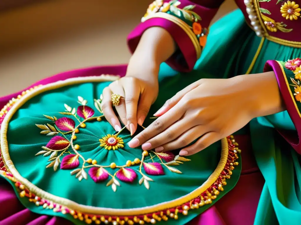 Detallada imagen de manos expertas bordando un traje de danza tradicional con técnicas artesanales, exudando belleza y dedicación