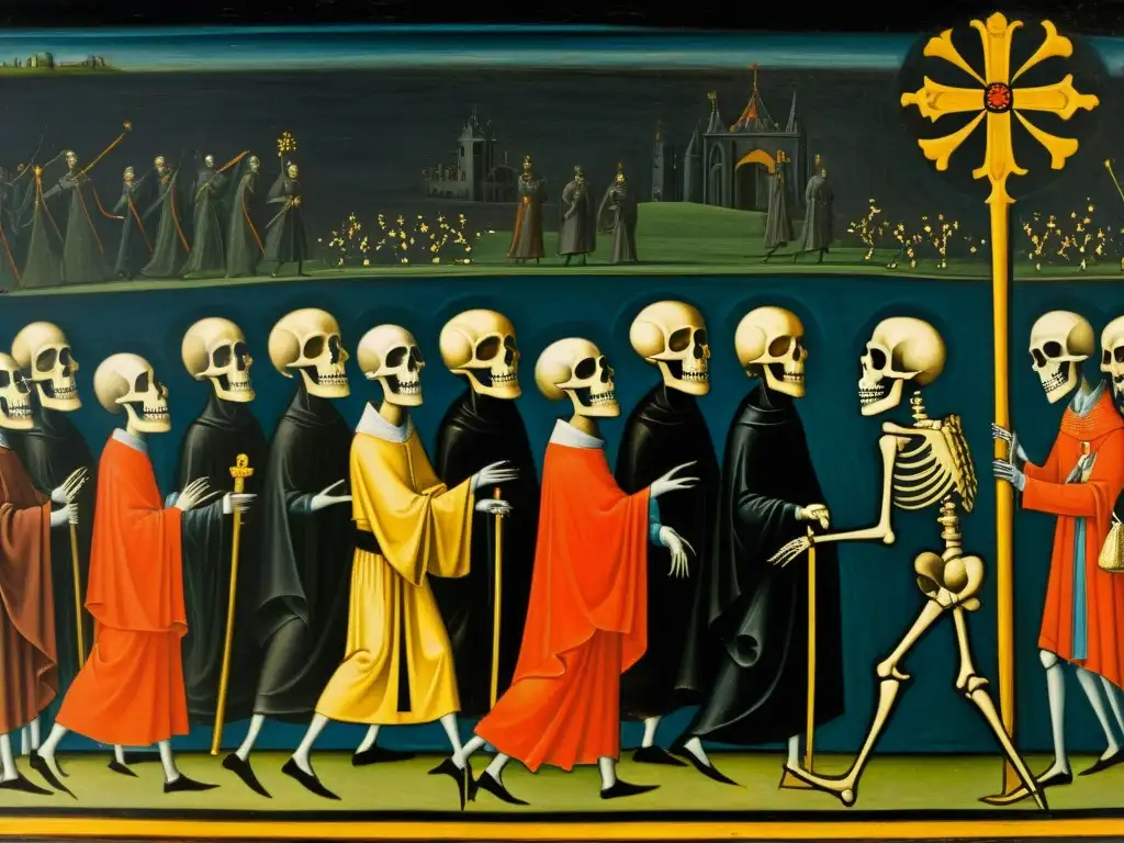 Detallada pintura medieval de la Danza Macabra simboliza la muerte en Europa con figuras esqueléticas y una atmósfera inquietante