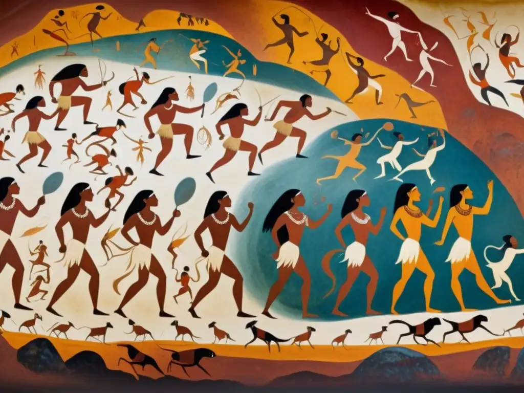 Detallada pintura rupestre de la evolución de la danza en la historia antigua, con vibrantes colores y movimientos rítmicos de antiguos humanos