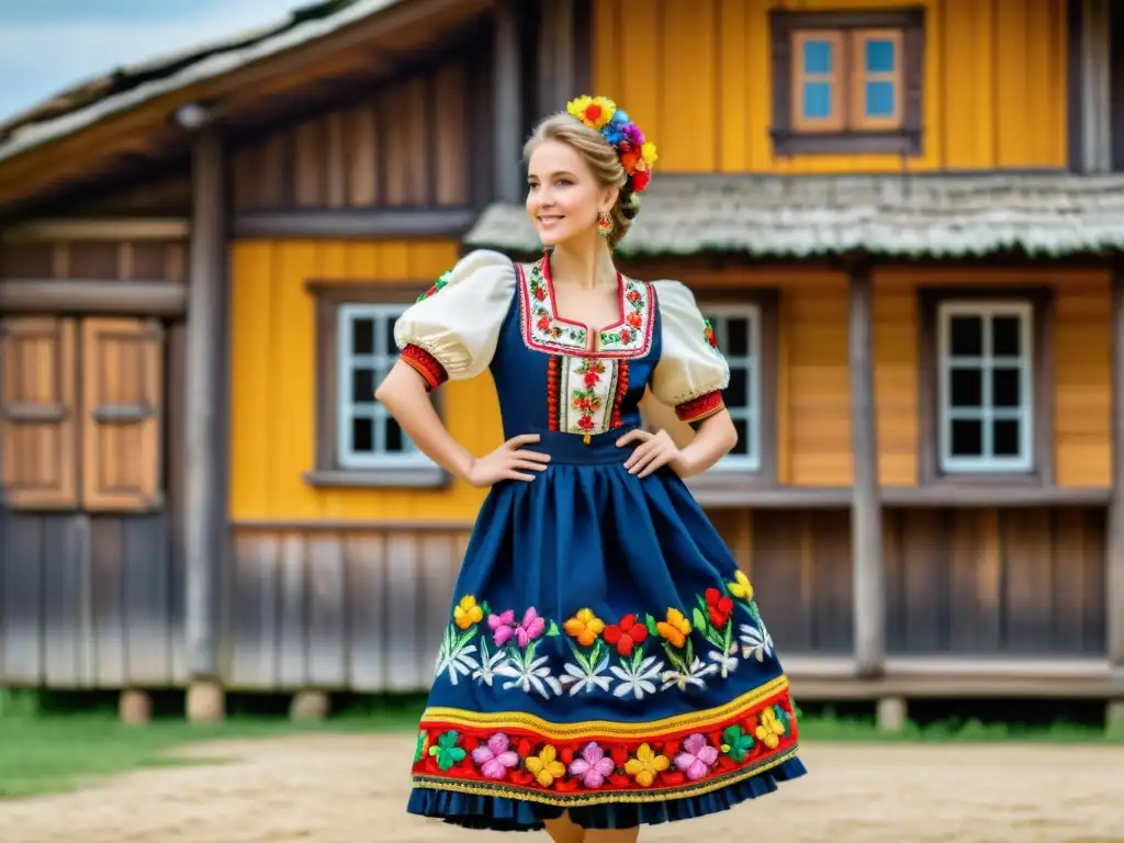 Un detallado bordado del traje de danza Krakowiak Polaco, con patrones florales tradicionales y colores vibrantes, evocando la historia y significado del Krakowiak Polaco