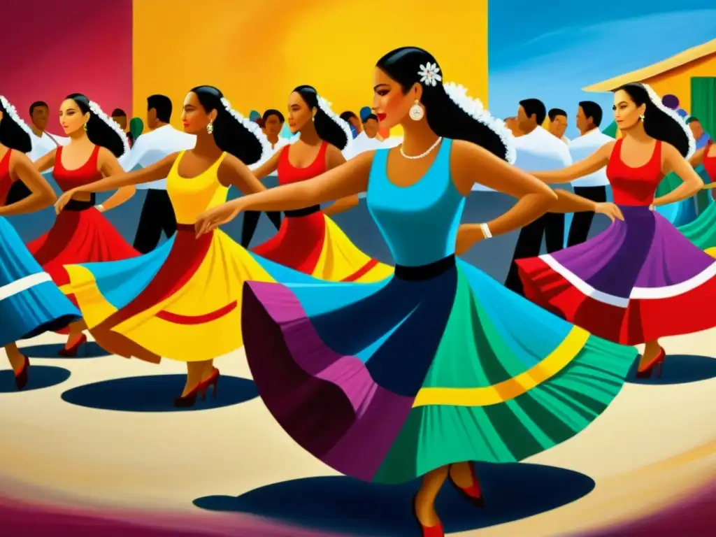 Detallado cuadro de bailes típicos latinoamericanos, con vibrantes colores y movimientos gráciles en una celebración cultural