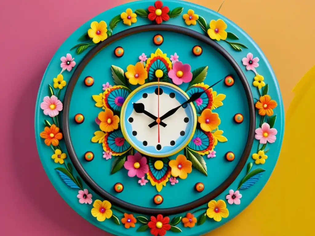 Detallado reloj de pared con tema de danzas tradicionales mexicanas, decorado con colores vibrantes y motivos florales, enriqueciendo la decoración