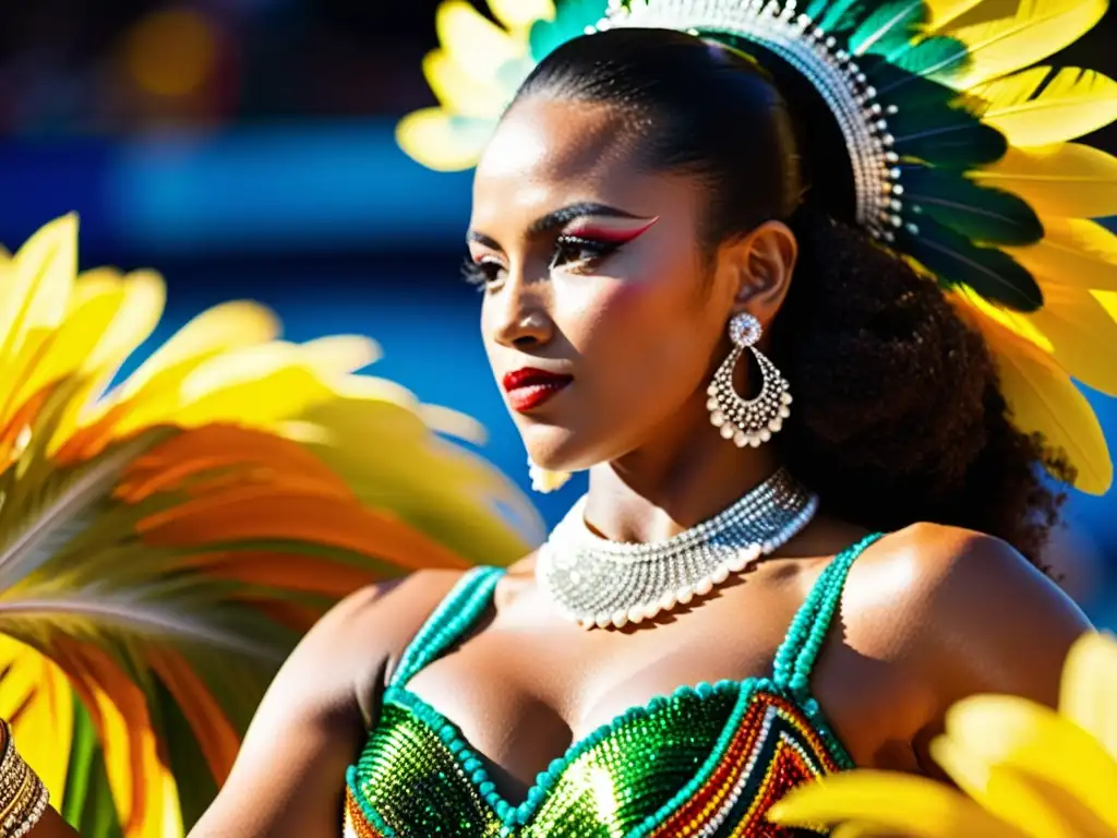 Detallado traje tradicional de Samba en el Festival de Danza de Río, con vibrantes colores y exquisitos detalles artesanales