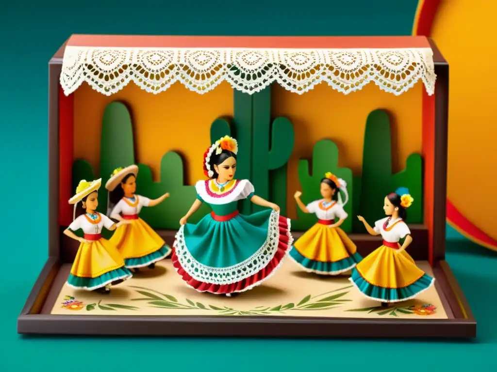 Detalle asombroso de una escena de danza tradicional mexicana en miniatura, con trajes vibrantes y músicos animados