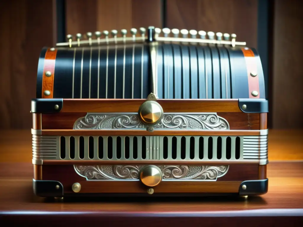 Detalle de un bandoneón vintage con botones metálicos y correas de cuero desgastadas, iluminado suavemente