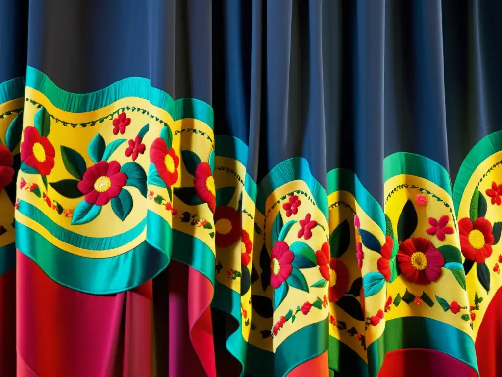 Detalle de telón bordado con motivos de bailes tradicionales, listo para una actuación cultural emocionante en el escenario