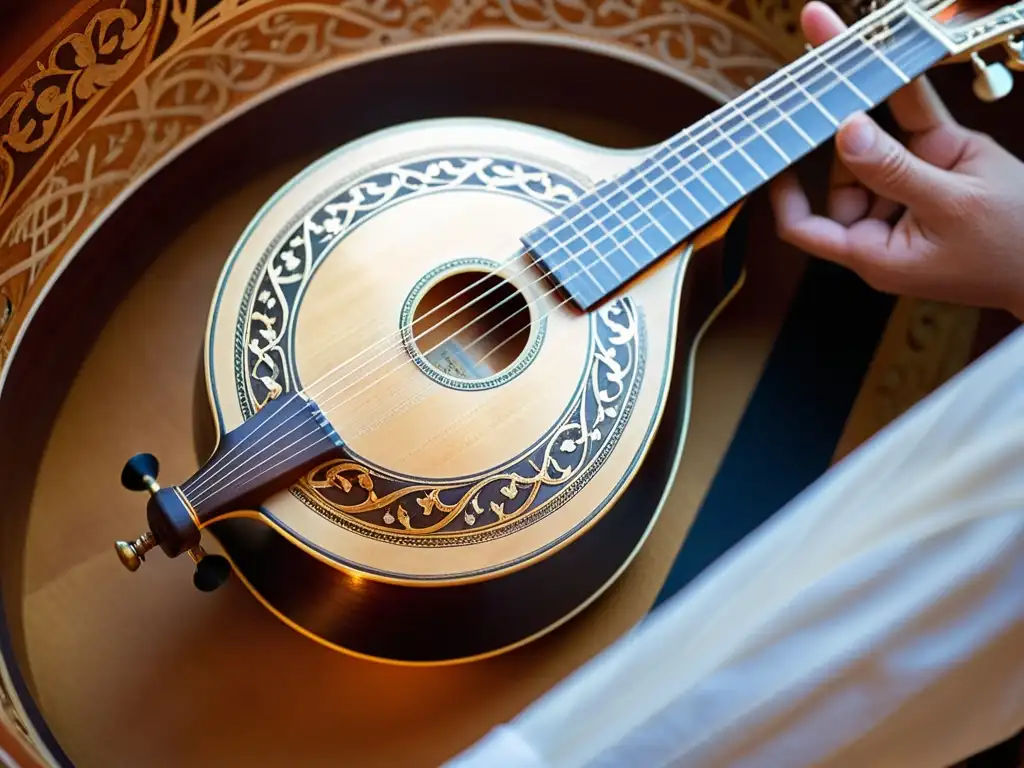 Exquisita artesanía: Bouzouki griego en manos expertas Detalle del bouzouki griego, iluminado por cálida luz solar