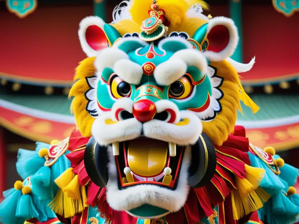 Detalle de la colorida Danza del León Chino, mostrando el traje vibrante, la cabeza ornamental y la intensidad del baile