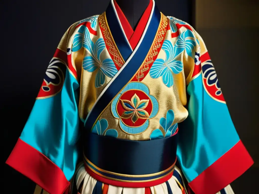 Detalle del colorido traje de Danza del Kabuki Japón, resalta la exquisita artesanía y elegancia cultural