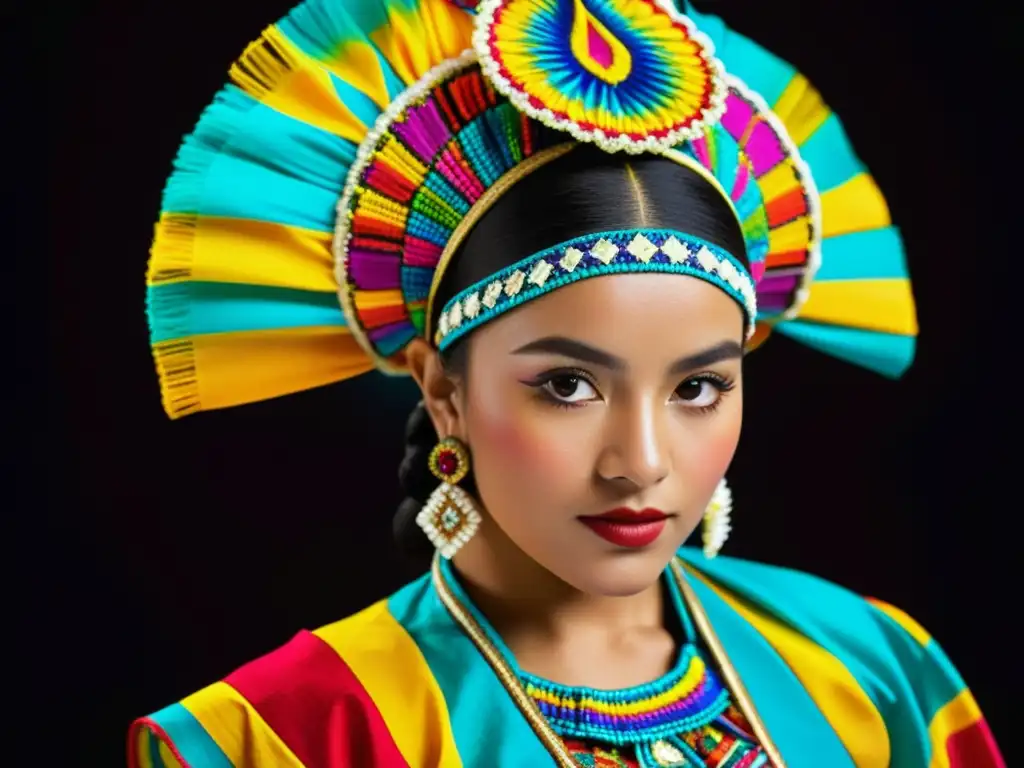 Detalle colorido del traje de danza folclórica mexicana, reflejando el significado cultural de los colores en danzas tradicionales