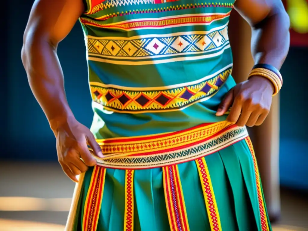 Detalle colorido de vestimenta tradicional de danza Fiji, interpretando diseños y artesanía