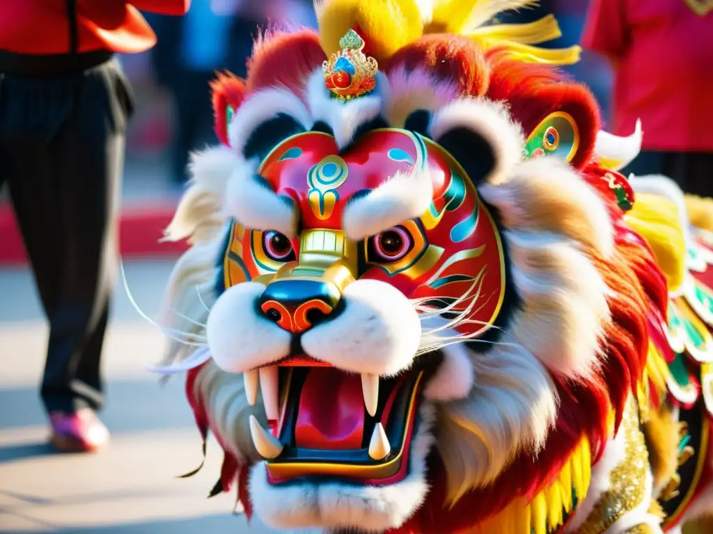 Detalle de la danza del león chino, con vibrantes colores y movimientos dinámicos