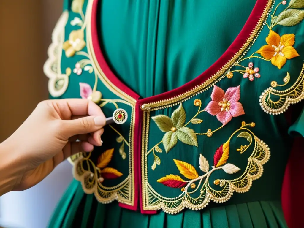 Detalle de conservación trajes danza históricos en estudio de restauración, mostrando colores vibrantes y bordados intrincados