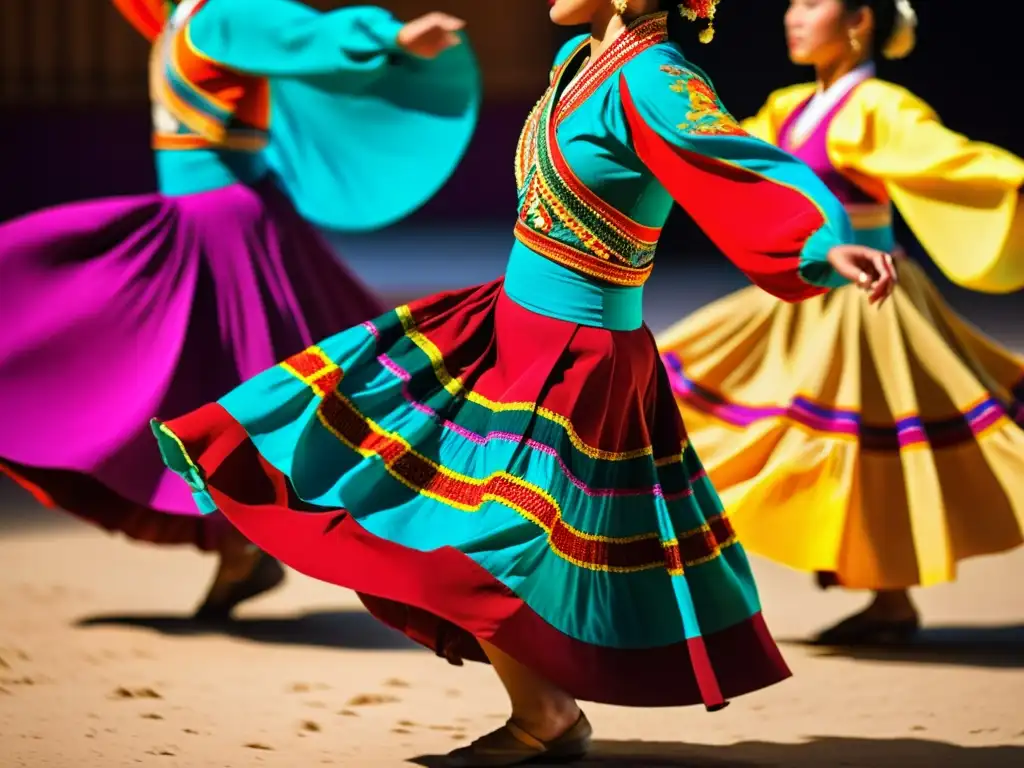 Detalle de danza tradicional: vestimenta colorida, expresiones y movimientos elegantes, historia cultural danzas tradicionales