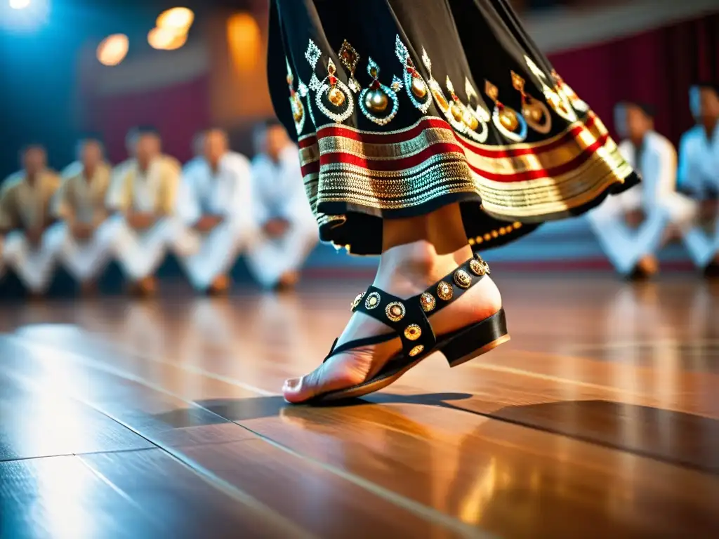 Detalle dinámico de los pies de un bailarín tradicional con cascabeles, transmitiendo el uso efectos sonoros danza tradicional