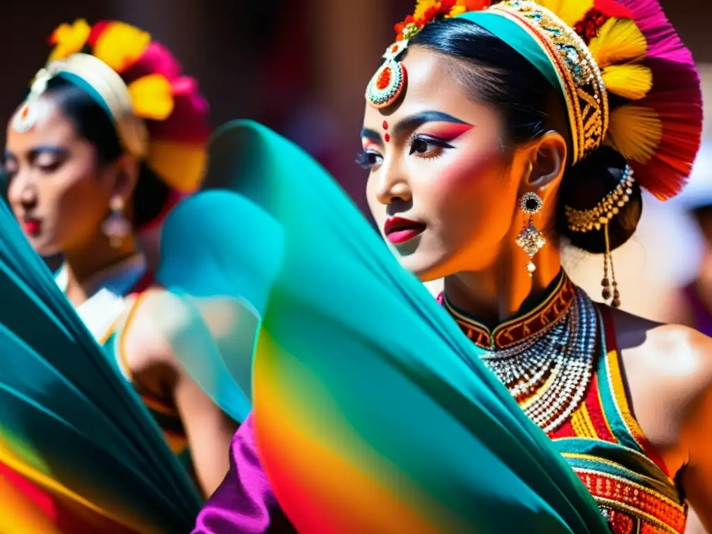 Detalle de una emocionante danza tradicional con vibrantes colores y expresiones faciales, destacando la corrección de color en documentales de danza