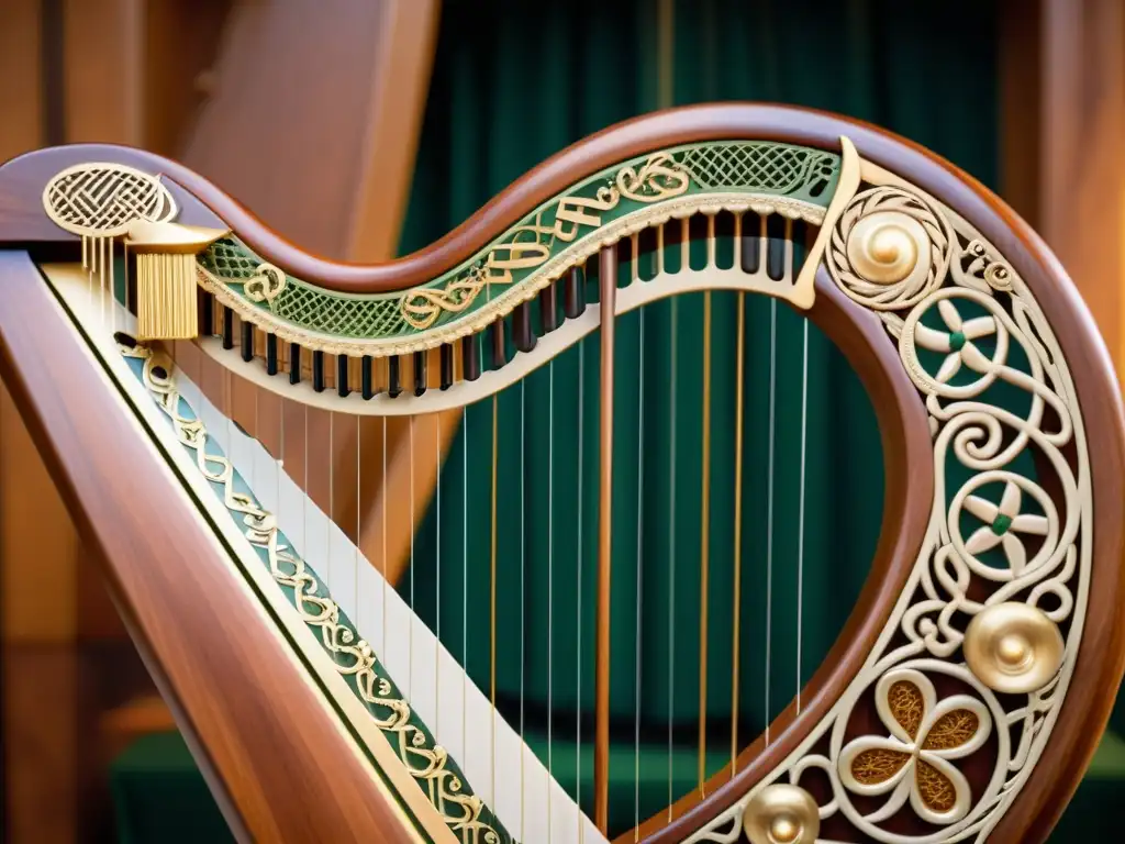 Detalle excepcional de un arpa celta decorativa, resaltando su artesanía única y su importancia en los bailes folclóricos irlandeses