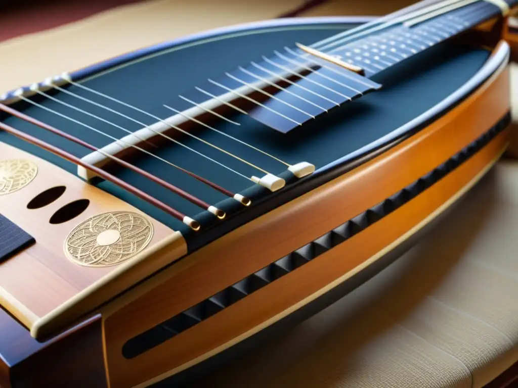 Detalle exquisito de un koto japonés con madera envejecida, iluminado por suave luz natural