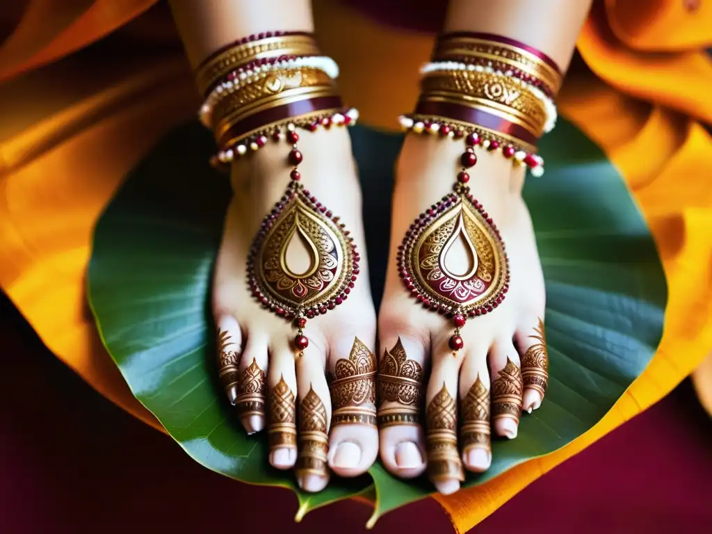 Detalle exquisito de las manos y pies de una bailarina de Bharatanatyam, con diseños de henna