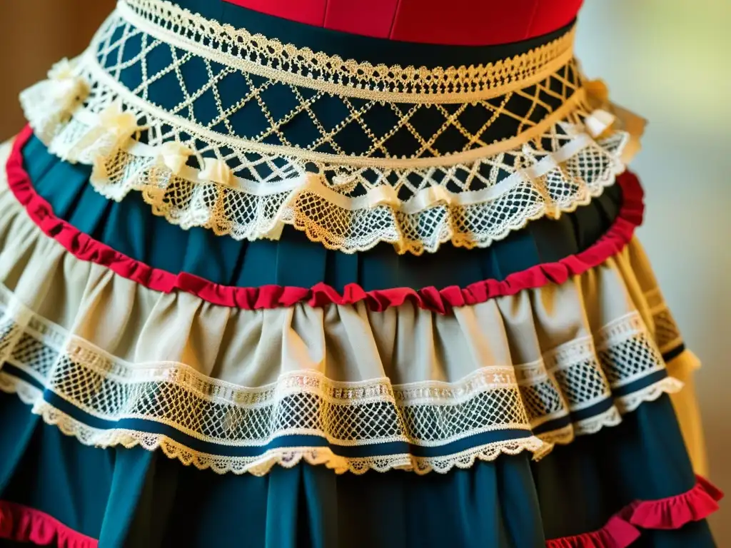 Detalle del hermoso traje de la Cueca Chilena con encajes y colores vibrantes