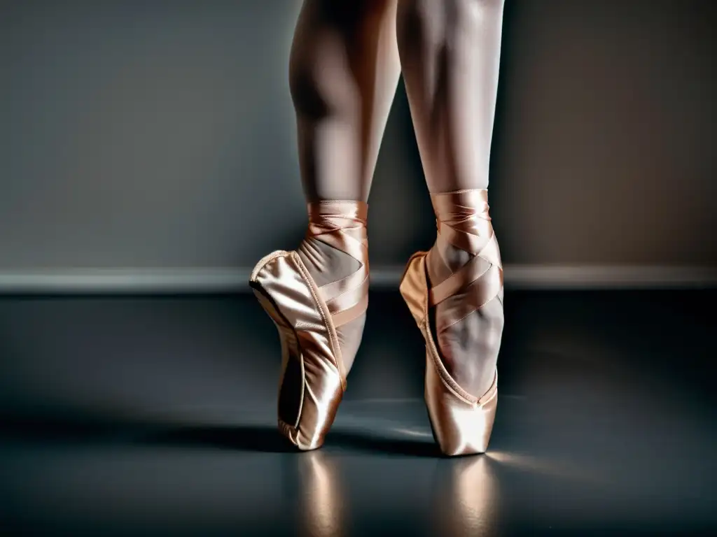 Detalle impactante: los pies de una bailarina en zapatillas de puntas muestran el impacto del calzado en la salud del bailarín