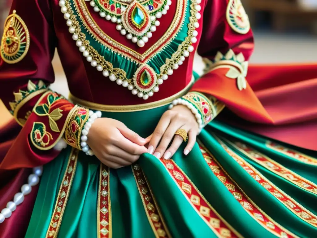 Detalle impresionante del diseño artesanal de trajes de danza tradicionales, mostrando la dedicación y la maestría en la creación