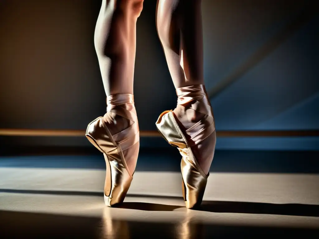 Detalle impresionante de los pies de una bailarina de ballet en punta, mostrando la fuerza y la precisión del ballet clásico