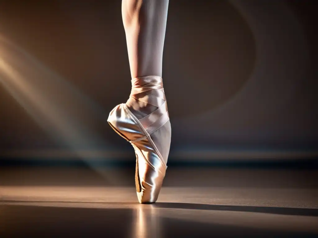 Detalle impresionante de los pies de una bailarina en punta, con una iluminación etérea