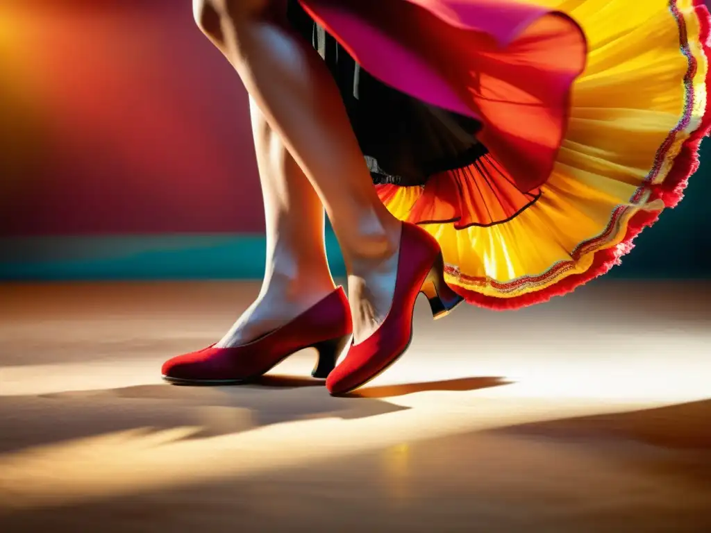 Detalle impresionante de técnicas zapateado flamenco: pasión y movimiento capturados en los pies de un bailarín, con polvo levantándose del suelo