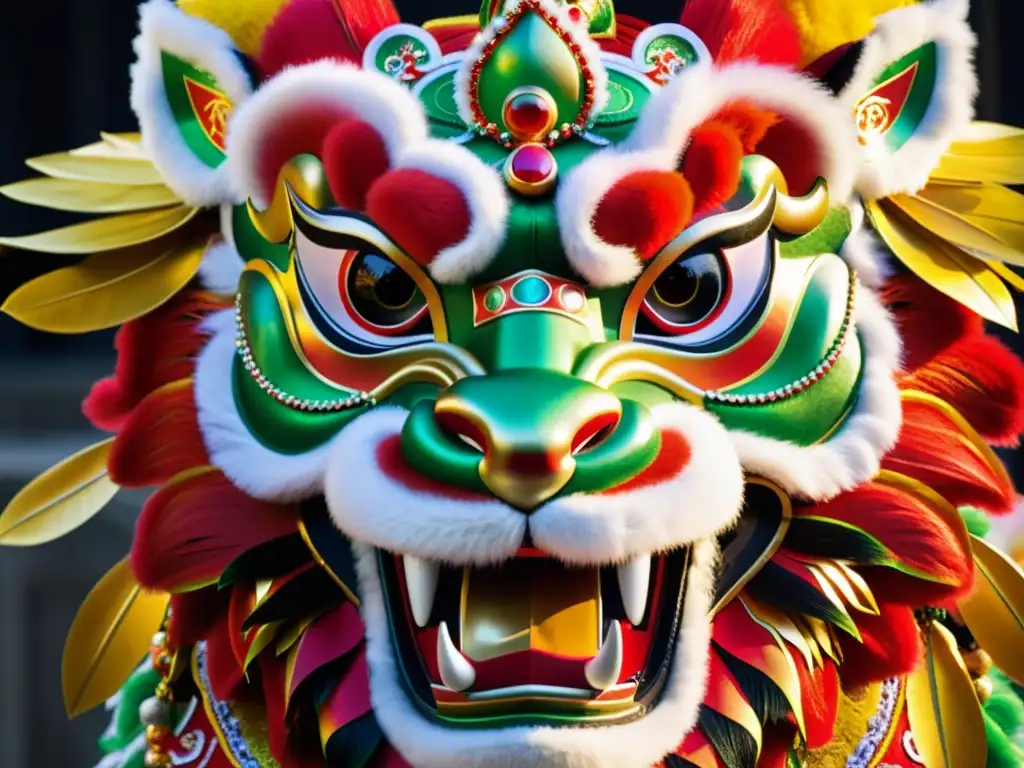 Detalle impresionante del traje de Danza del León chino, con bordados, lentejuelas y significado cultural palpable