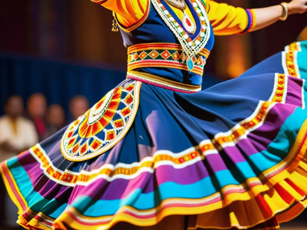 Detalle impresionante del traje de danza folclórica, iluminado por luces cálidas