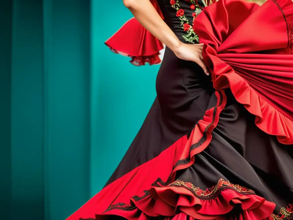 Detalle impresionante del traje de danza flamenca en exposiciones de moda de danza, con movimiento, pasión y elegancia en rojo y negro