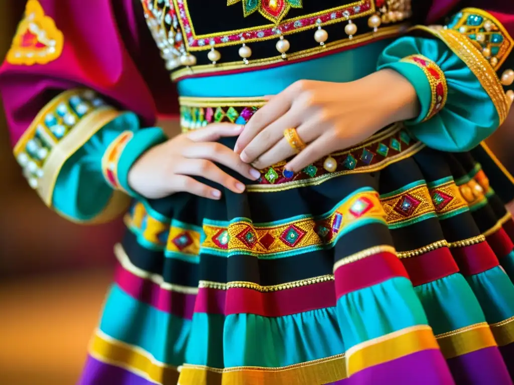 Detalle impresionante de la vibrante vestimenta de baile tradicional, resaltando la importancia de sus colores, texturas y elaboración artesanal