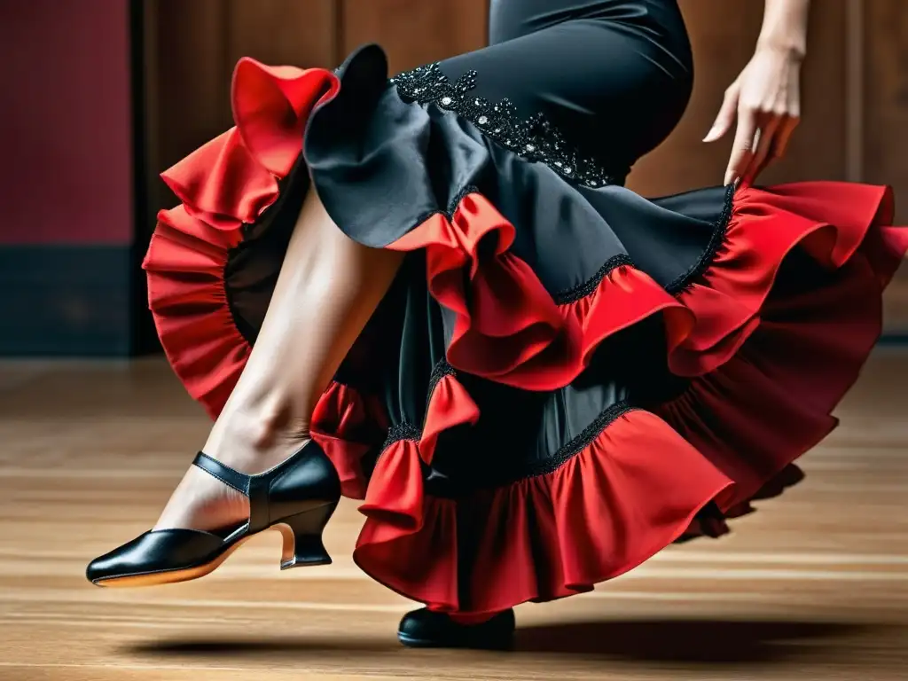 Detalle de un intenso zapateado de un bailaor de flamenco en un escenario de madera, con falda roja y negra ondeando, en una atmósfera dramática