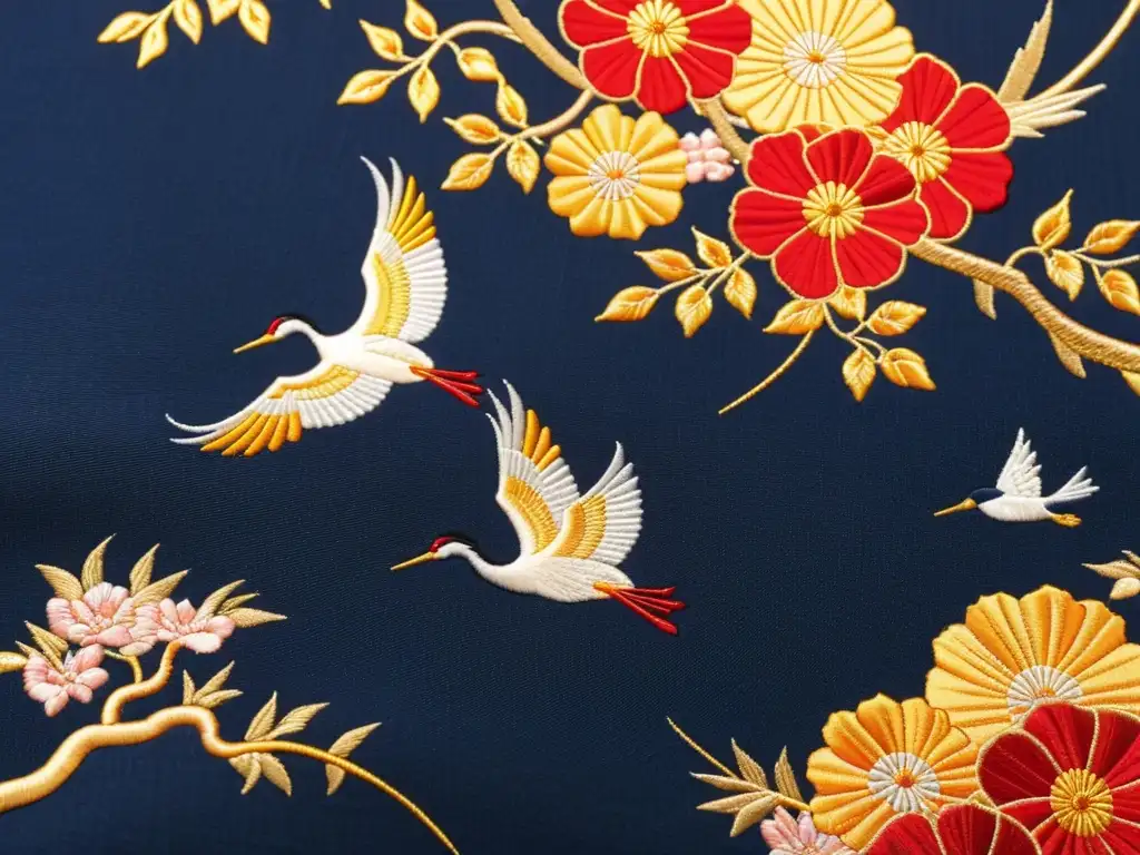 Detalle de tela de kimono japonés con bordado de grullas y flores en tonos índigo, rojo y dorado