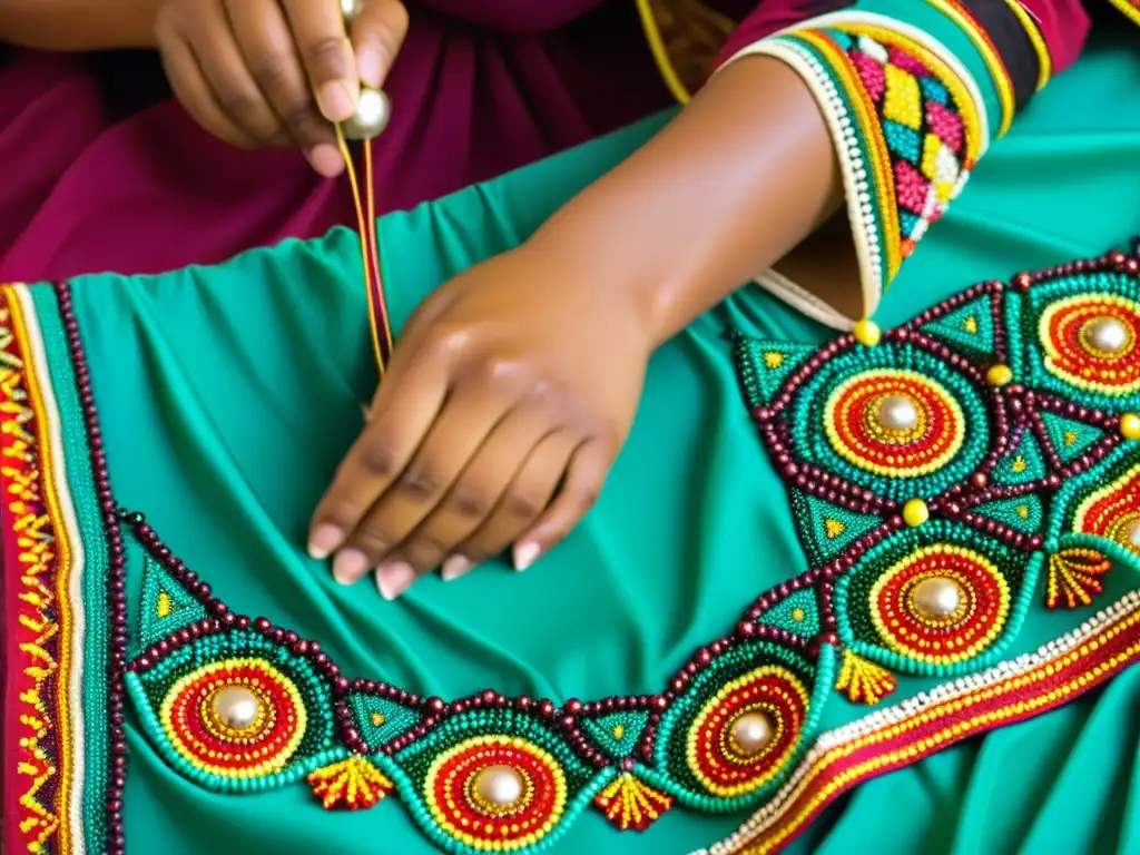 Detalle de manos expertas cosiendo meticulosamente adornos en trajes de danza autóctonos, resaltando la artesanía y la herencia cultural