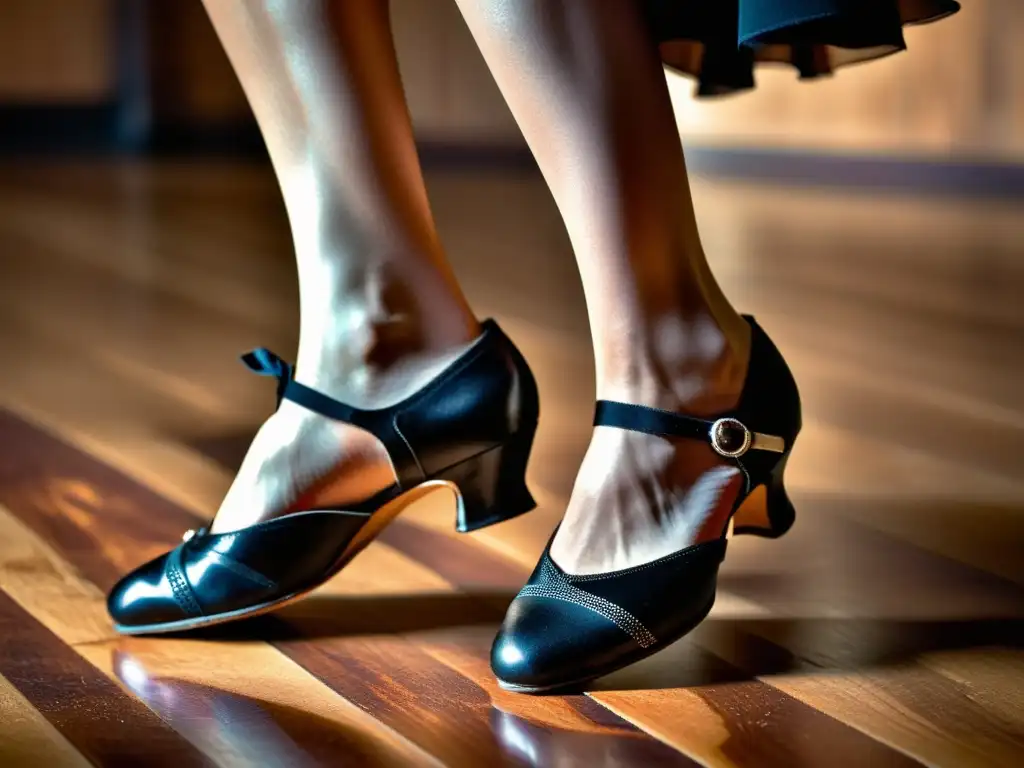 Detalle de pasos de tango tradicionales, elegancia y pasión en la pista de baile de madera