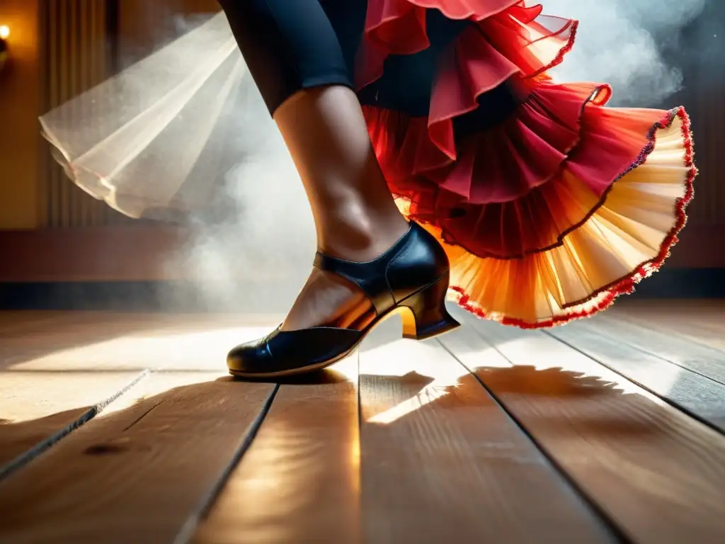 Detalle de pies de bailaora de flamenco marcando el suelo, simbolizando la energía y la recuperación lesiones flamenco