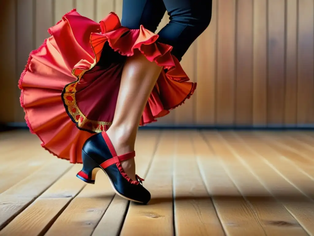 Detalle de los pies de una bailaora de flamenco en Jerez, expresando la pasión y el significado cultural del flamenco en Jerez