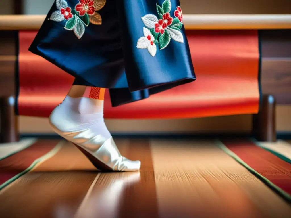 Detalle de los pies de un bailarín de Nihon Buyo con tabi y kimono de seda, ejecutando un elegante movimiento en un escenario de madera