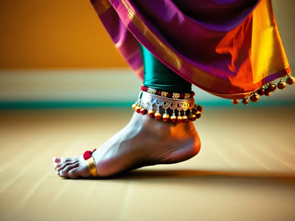 Detalle de los pies de una bailarina de Bharatanatyam con ghungroo, mostrando la elegancia y precisión de esta danza clásica India