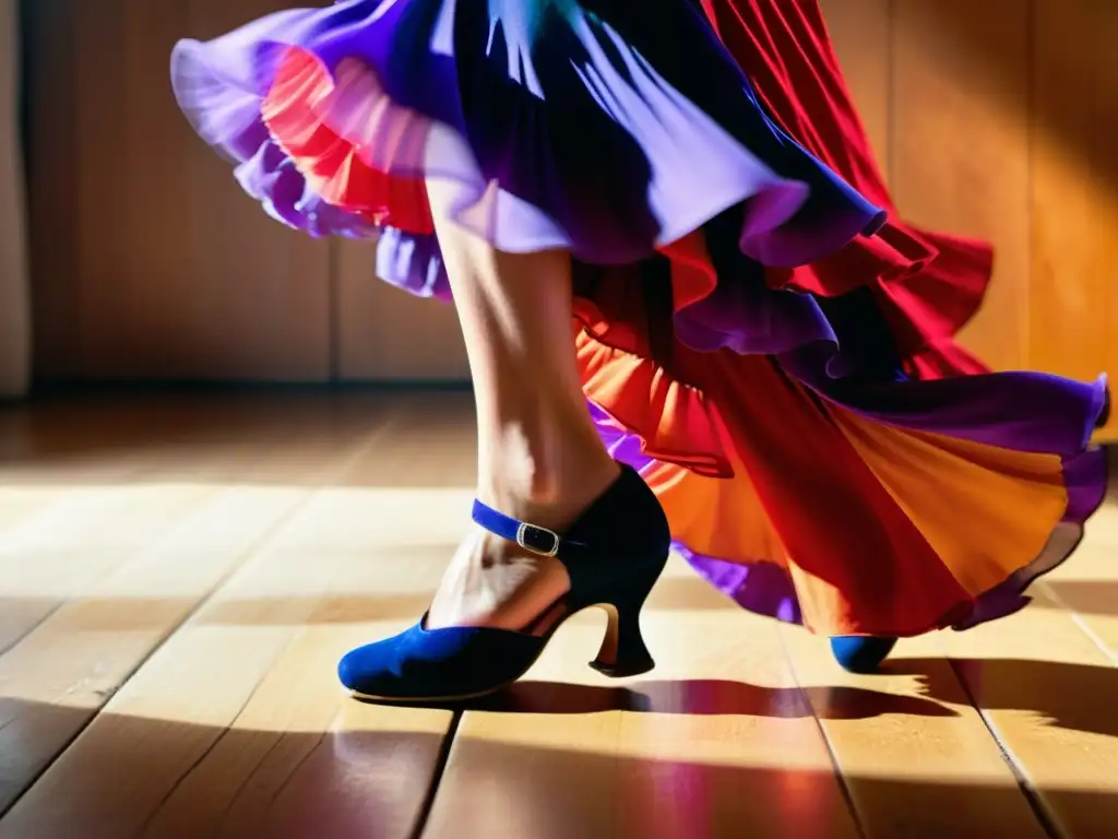 Detalle de pies de bailarina de flamenco en escenario de madera, expresando pasión y fuerza en recuperación lesiones flamenco