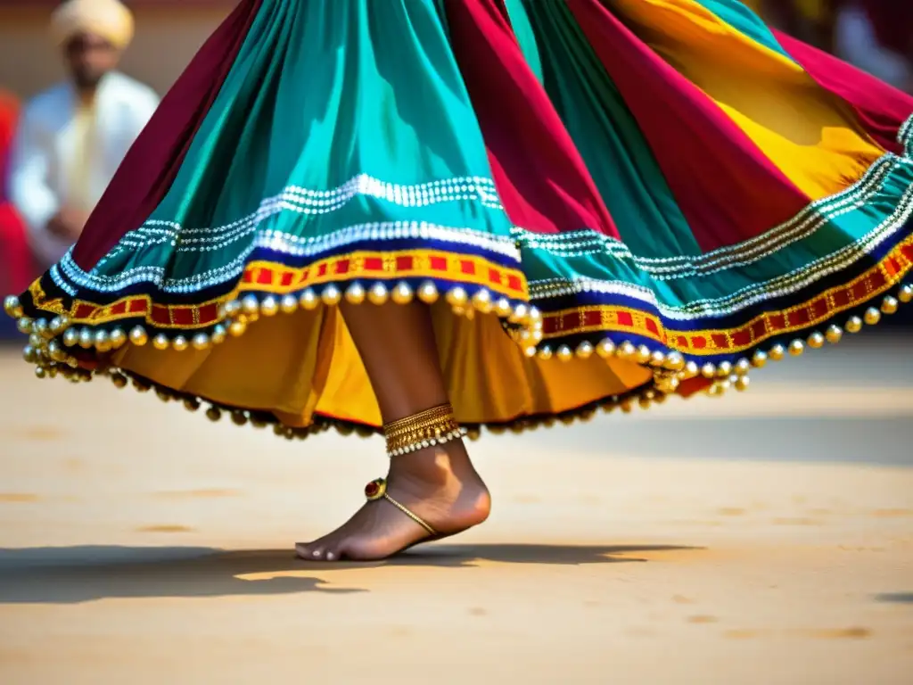 Detalle de los pies de bailarina india ejecutando un complejo compás de Bollywood y Danzas Clásicas, con ghungroo y traje vibrante