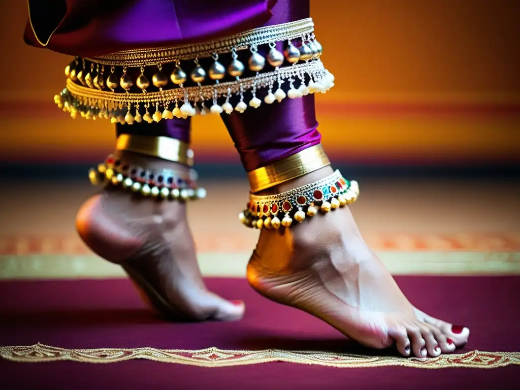 Detalle de los pies de una bailarina de Bharatanatyam con ghungroo, mostrando la influencia del Bharatanatyam en joyería