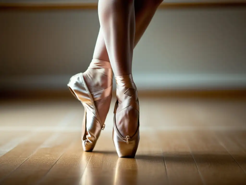 Detalle de los pies de una bailarina ejecutando un movimiento complejo en una atmósfera cálida y auténtica