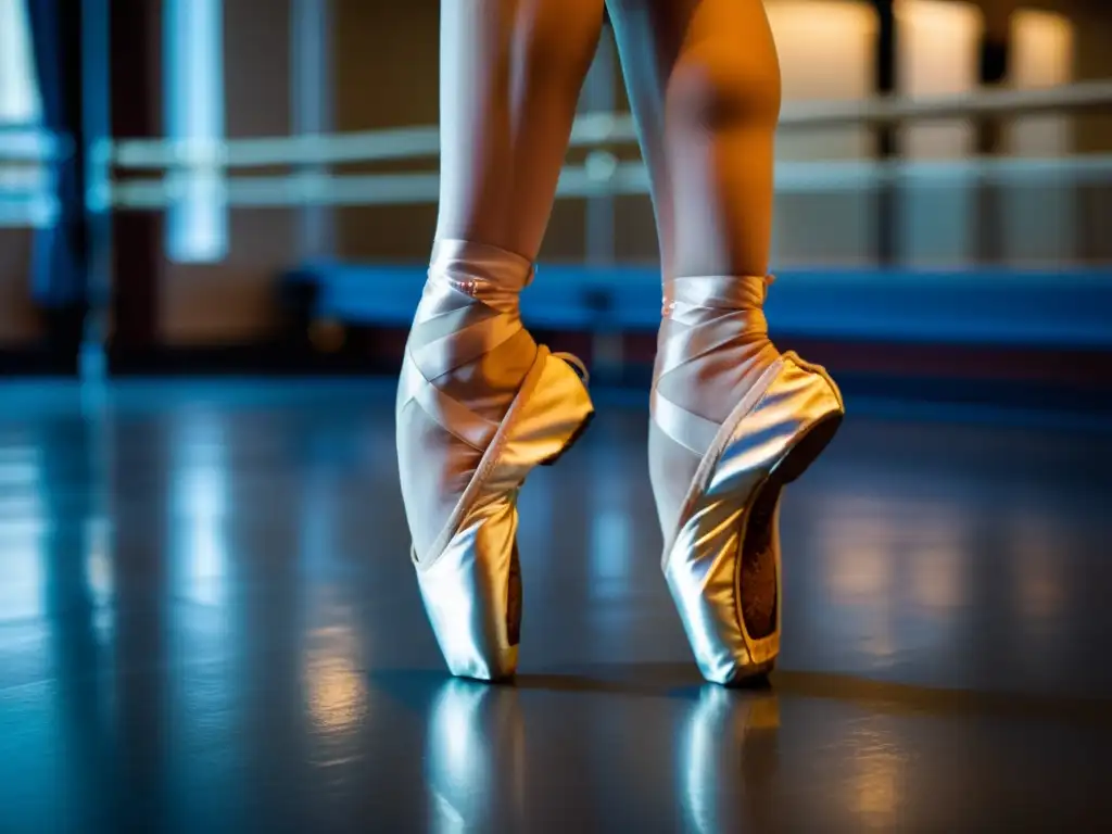 Detalle de pies de bailarina en punta, reflejando fuerza y destreza